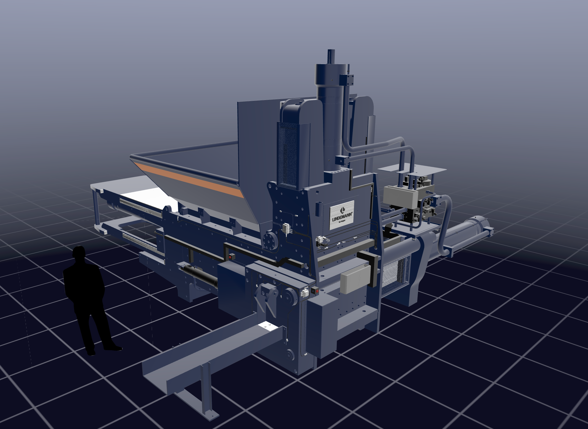 Interactive 3D industrial machinery showcase with real-world measurements for B2B equipment sales